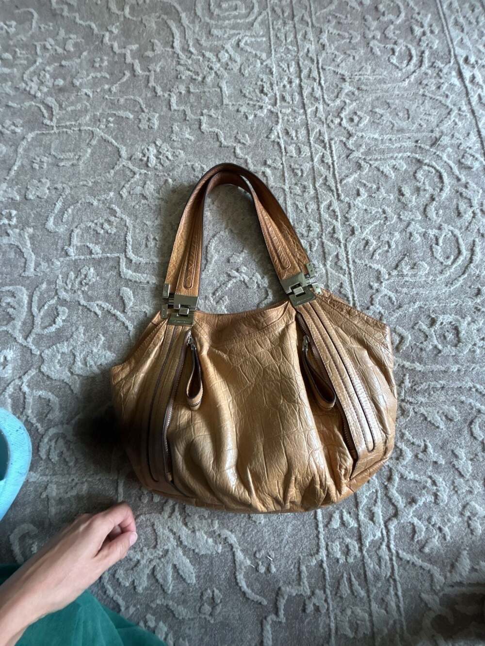 B. Makowsky Tan Croc-Embossed Leather Slouchy Hobo Shoulder Bag